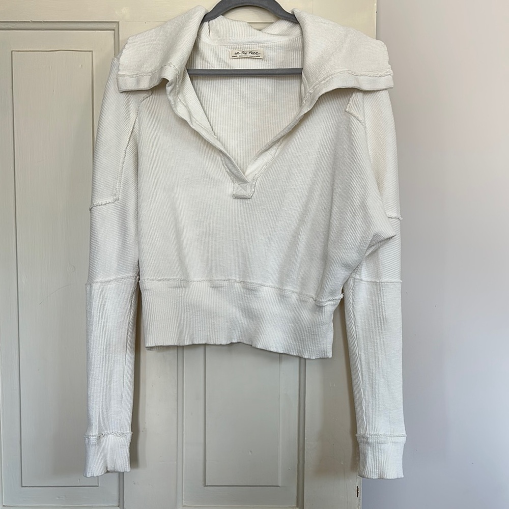 Free People Cream Boxy Cropped Polo Sweatshirt
